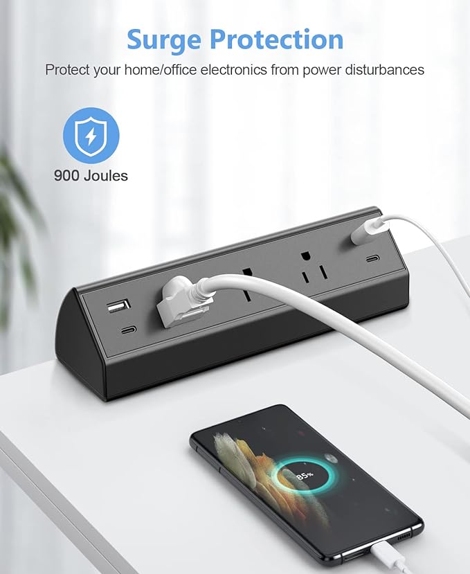 Desk Clamp Power Strip,40W Fast Charging Station,Desktop Mount Surge Protector,2 PD 20W USB C Ports,3 Outlets for Home,Office,Fit 1.9" Tabletop Edge (Black, 3 Outlets & 4 USB Ports & 25 FT Cable)