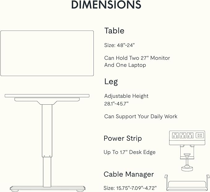 FLEXISPOT EN2 Whole-Piece Standing Desk with Clamp Power Strip, 48 x 24 Electric Stand Up Height Adjustable Desk with Cable Management (Black Frame + 48" Black Walnut Desktop, 2 Packages)