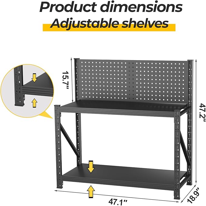 PLMFJQK 2 Sets Storage Shelves with Pegboard,Heavy Duty Garage Shelving Units and Storage,Metal Shelving Adjustable Shelves,Garage Storage Rack,Industrial Utility Shelf 47.2" H*47.09" W*19" D