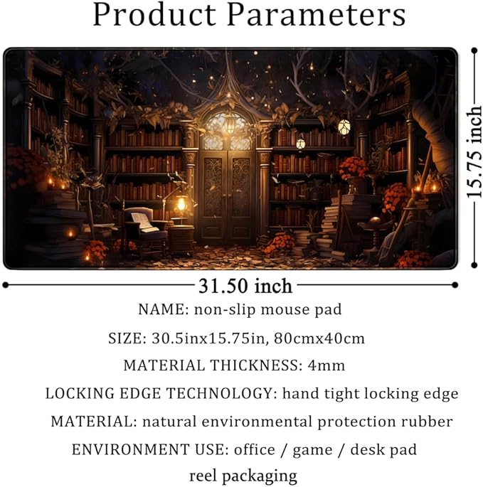 Medieval Bookshelf Desk Pad Mat Vintage Gothic Bookcase Bookshelf Deskpad Large Gaming Flower Mouse Pad XXL Plant Keyboard Mouse Pads Large 31.5x15.8 in-with Stitched Eges Non-Slip Base Mat