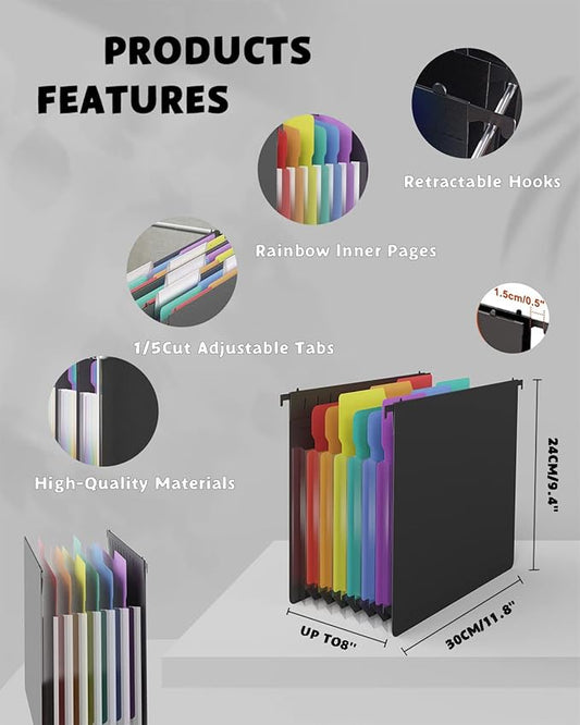 MAIMIS Plastic Expanding Hanging File Folders, 7 Pocket Extra Capacity Accordion Hang Folder, 1/5 Cut Adjustable Tabs, Multi-Color Lables, Letter Size for Filing Cabinet - 3 Pack