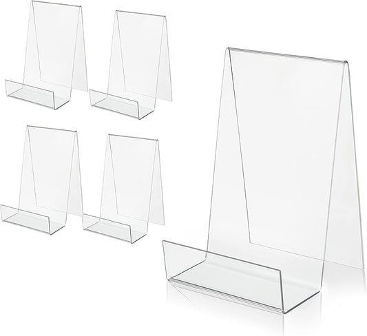 ZOEY Acrylic Book Stand with Ledge Clear Display Easels Plate - 5 Pack Large Book Holder Easel Stand for Display, Music Sheets, Artworks, CD, Tablet Holder