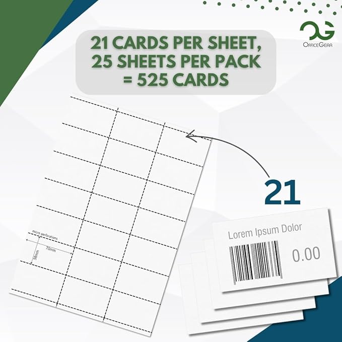 OfficeGear Barcode Price Labels — 21-up, 25 Sheets, 525 Pack, 38×70 mm, A4