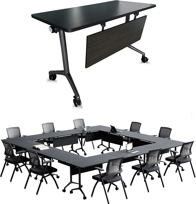 Goakwwuz Conference Room Table, Folding Conference Tables,Thicken Grey Tabletop,Flip Top Wooden Seminar Meeting Room Table for Conference Room Offices (4, BlackWoodGrain, 70.8”)