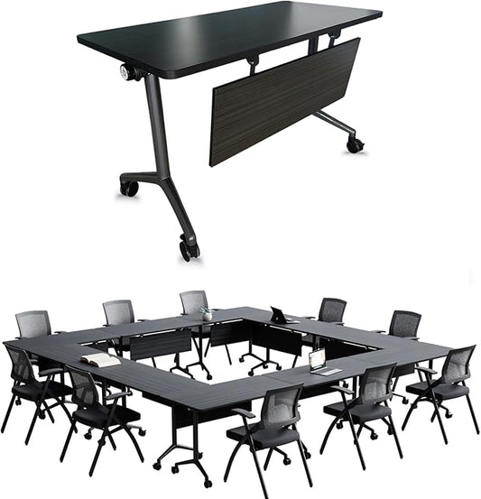 Goakwwuz Conference Room Table, Folding Conference Tables,Thicken Grey Tabletop,Flip Top Wooden Seminar Meeting Room Table for Conference Room Offices (4, BlackWoodGrain, 70.8”)