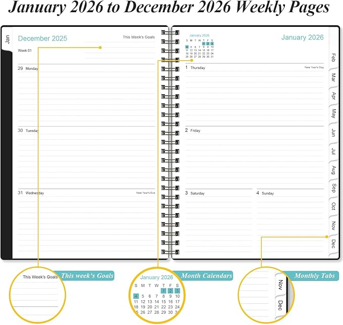 Planner 2026 - A5 Weekly & Monthly Planner Spiral Bound, January 2026 - December 2026, with Flexible Cover, Tabs, Inner Pocket, 6.4" x 8.5", Black