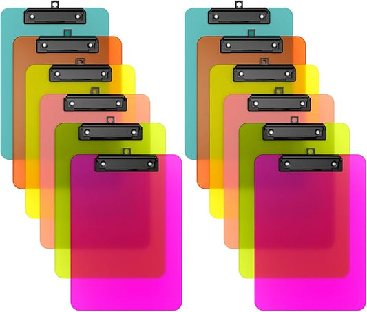 Zoenley A4 Plastic Clipboard Set of 12, Dark Colorful12.5 x 9" Letter Size for Classroom, Students, Teacher, Nurse, A4 Clear 8.5 x 11 Clip Board with Low Profile Black Clip, Office & School Supplies