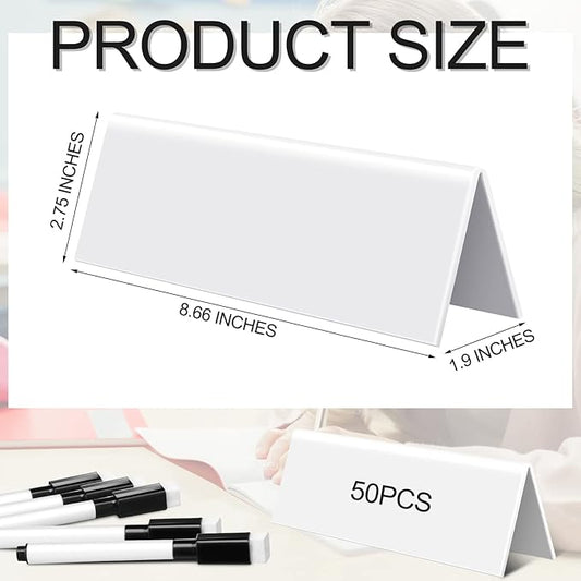 Fainne 50 Sets Dry Erase Name Tent Cards with Black Markers 8.7 x 2.8 x 1.9 Inches White Reusable Name Plate Wipe Clean Desk Tags Sign for Classroom Table Office Conference Meeting Weddings