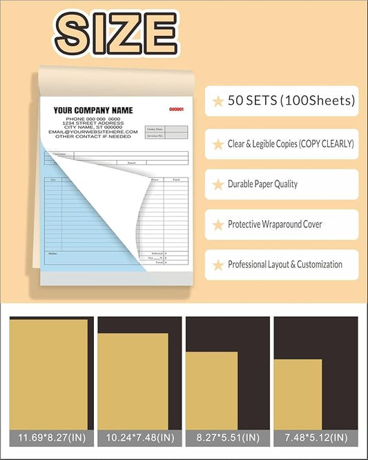 Custom Carbonless Invoice Book with Logo, Personalized Cover & Inner Pages, 2 Part NCR Receipt & Work Order Forms, Easy Tear, Writing Shield for Small Business (2-Part [White/Blue], 11.8x8.3INCH)