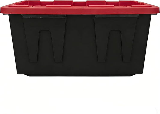 4-Pack Heavy Duty 27 Gallon Plastic Storage Bins with Lids - Stackable Large Storage Totes for Garage, Home Organization & Moving Supplies (Black Bases & Red Lids)
