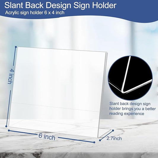 Wbtran Slanted Back Acrylic Sign Holder 6 x 4, Acrylic Stands for Display Frame, Clear Plastic Tabletop Paper Sign Holder for Office, Home, Restaurant (6 Pack 6x4 Inches)