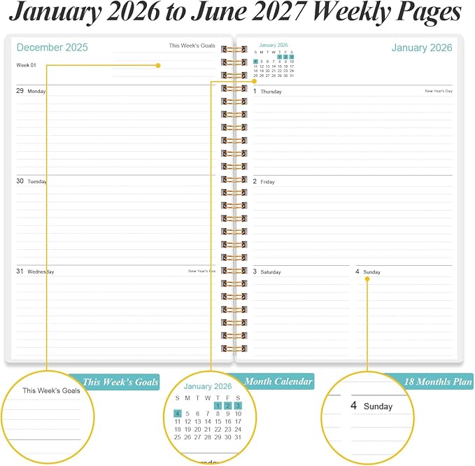 2026-2027 Planner - 18 Months Weekly & Monthly Planner from January 2026 - June 2027, Spiral Notebook 2026-2027 with Elastic Closure, Inner Pocket, Medium 5.8" x 8.3", Blue Leaf Flower