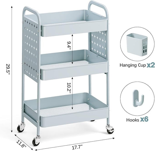 KINGRACK 3 Tier Rolling Cart with DIY Hanging Board, Metal Rolling Utility Cart with Wheels Handles Baskets Hooks, Rolling Storage Cart Suitable for Bathroom, Kitchen, Office, Nursery Diaper (Green)