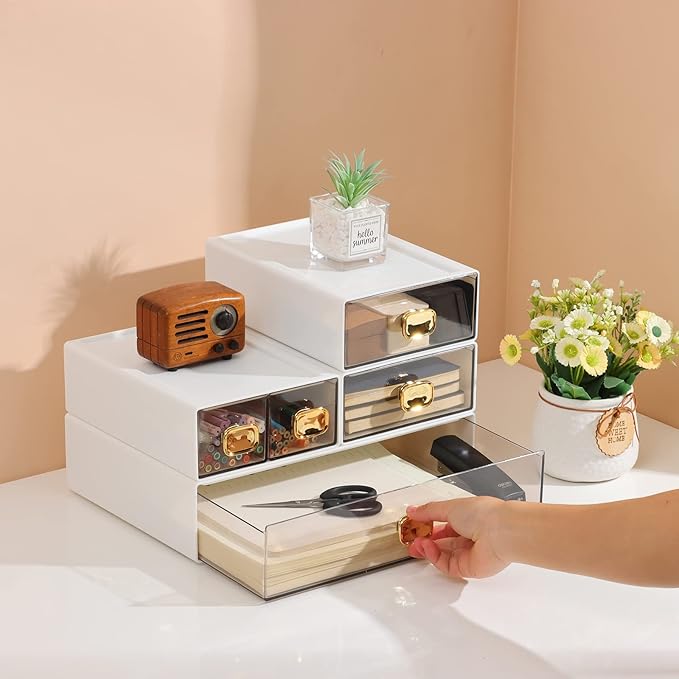 Spacious Desk Drawers, Stackable Desktop Organizer, Plastic Storage Box for Office, School & Home Supplies (1 Middle & 2 Small Drawers, White)