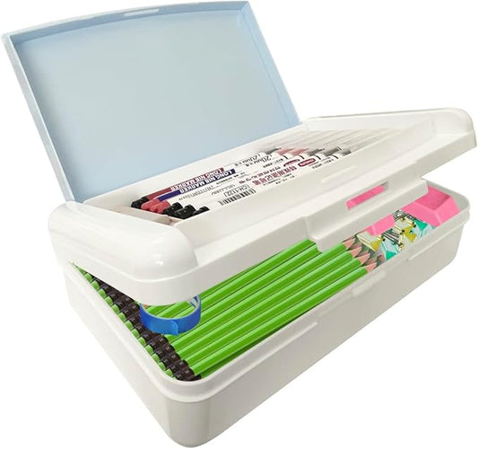 Double Layer Plastic Art Storage Box ，Fashion Hard Durable Pencil Organizer for Brushes, Paints, Stamps, Eraser, Sticker