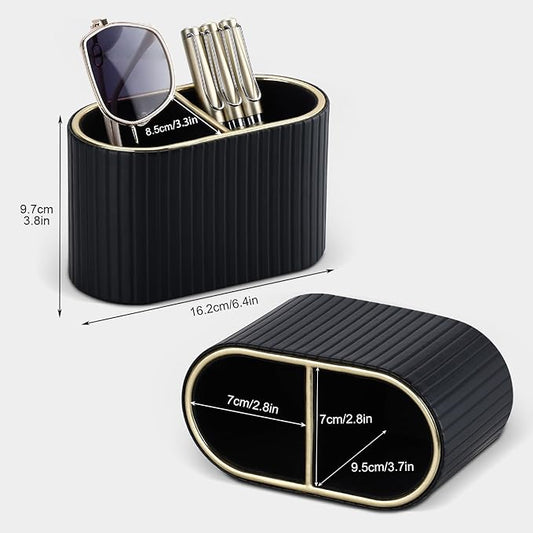KINGFOM PU Leather Desk Organizer Pen Holder – Dual-Compartment Stylish Pencil Cup Remote Control Holder Desktop Supplies and Accessories Organizer Caddy for Office Home School (Black)