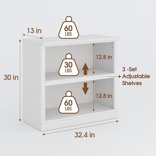 Bevfint 30" Bookcase, White Floor Standing Bookshelf, 2-Tier Display Shelves Open Storage Organizer, Book Case for Living Room Hallway Kitchen Home Office Bedroom, White 2 Tiers