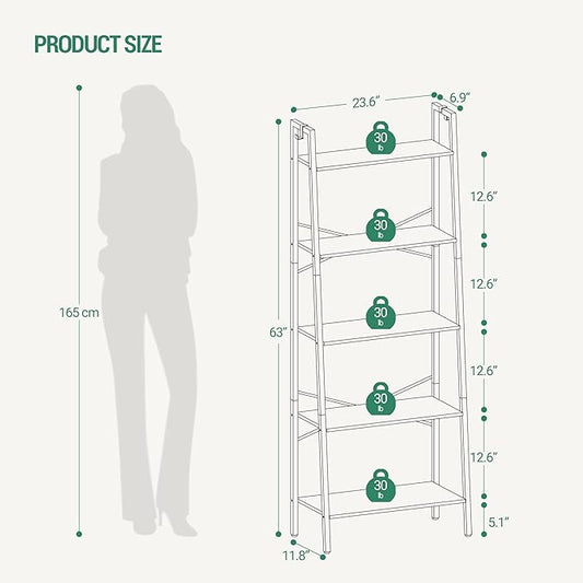 Hzuaneri Ladder Shelf, Bookshelf Bookcase, Freestanding Corner Storage Shelve with 2 Hooks for Home Office, Living Room, Kitchen, Bedroom, Industrial, 11.8" D x 23.6" W x 63" H, Rustic Brown BC19301B