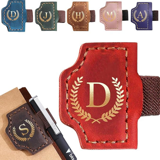 Personalized Mark Bookmark with Pen Holder, Leather Magnetic Book Marker 26 Letters,Custom Initials Page Marks, Gifts for Book Lovers Readers Men Women (Red, D)