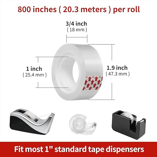 Turxayox 72 Rolls Transparent Tape Refills, Clear Tape, 3/4 x 800 Inches, Glossy Gift Wrapping Tapes for Dispenser, Office, School, Home