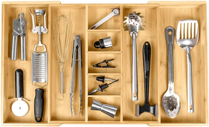 KitchenEdge Adjustable Bamboo Kitchen Drawer Organizer for Utensils and Junk, Expandable to 28 inches Wide, 9 Compartments