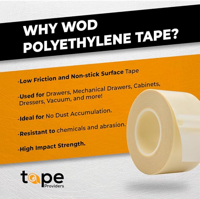 WOD SPT7A UHMW Polyethylene Transparent Film Slick Tape, 1 inch x 10 ft. Aggressive Adhesive - Ideal For Squeak Reduction, Drawers, and Bearings