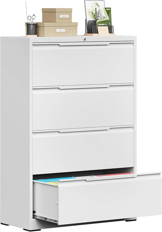 Bestoo 4-Drawer Lateral File Cabinet with Lock, Filing Cabinet for Home Office, Metal File Storage Cabinets, Fits File Folders, Letter/Legal/F4/A4 Sizes, Assembly Required (White)