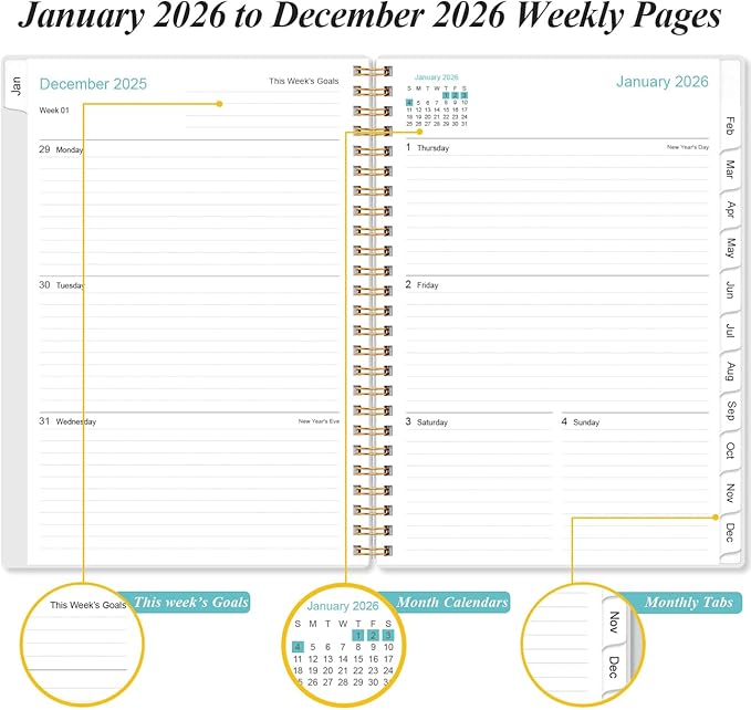 2026 Planner - Planner 2026 from January 2026 - December 2026, Weekly & Monthly Planners Spiral Bound with 12 Monthly Tabs, Inner Pocket, 6.4" x 8.5", Black