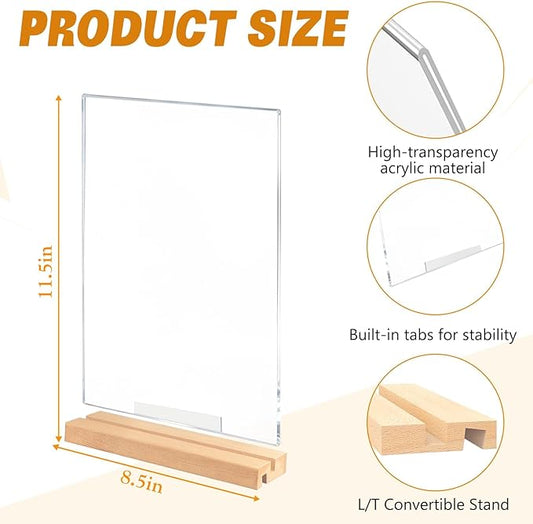Acrylic Sign Holder 8.5" x 11" with Wooden Base, 4 Pack Adjustable Vertical/Tilt Acrylic Display Stands for Flyers, Menus, Picture Frames