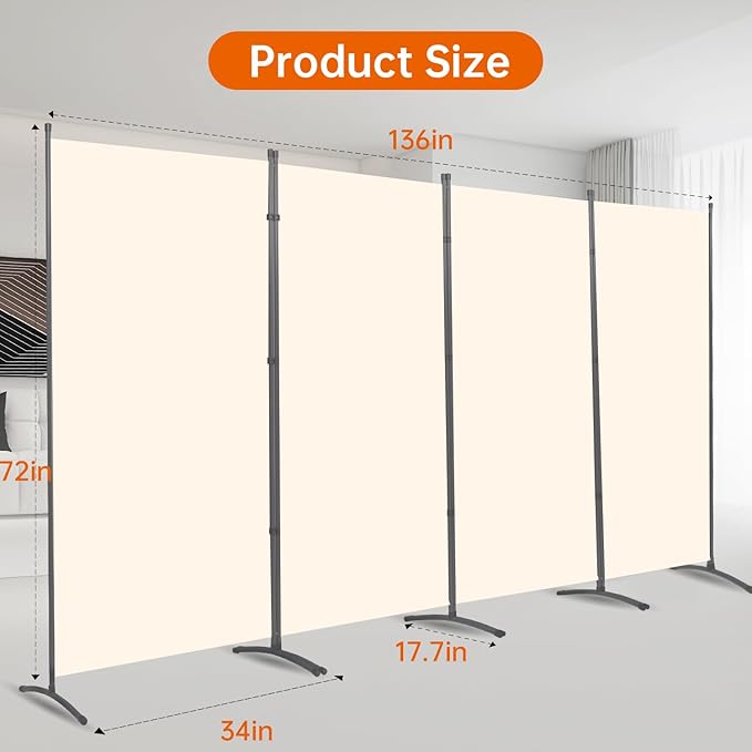Room Divider 6FT Folding Privacy Screens, 4 Panel Partition Room Dividers w/Freestanding Design, Portable Wall Divider for Room Separtation, Fabric Screen Panel for Home Office Bedroom Dorm