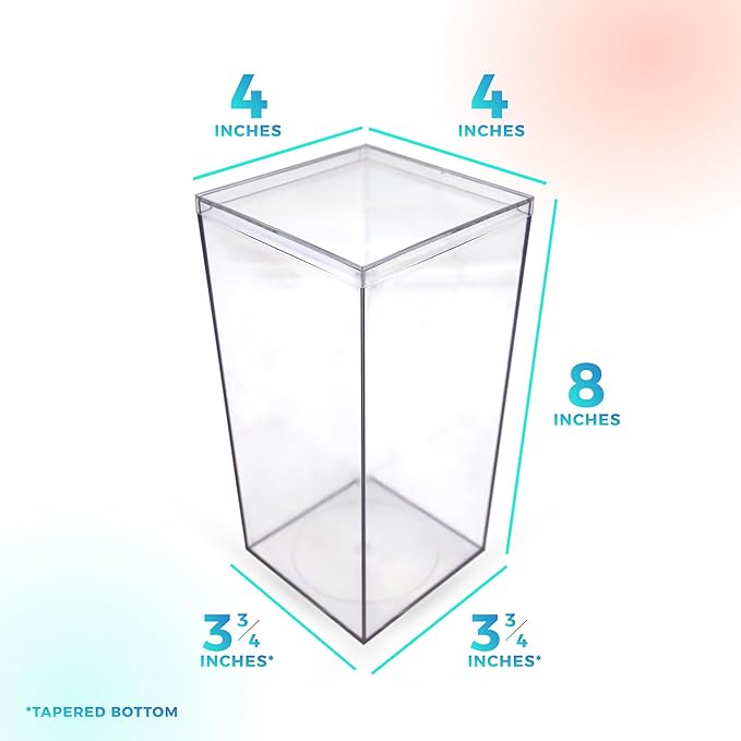 Set of 25 Acrylic Boxes with Lids, 4"Lx4"Wx8"H, Made in USA, Display Cases for Collectibles, Clear Containers for Organization and Storage
