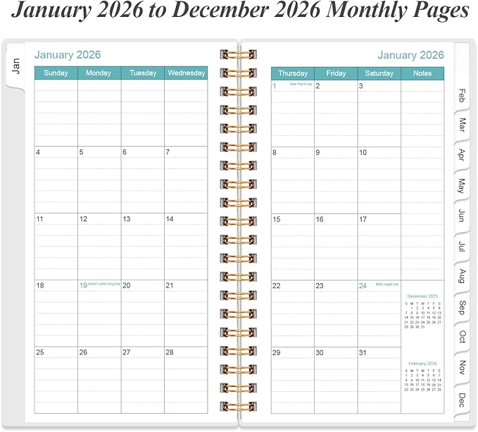 2026 Pocket Planner/Calendar - 2026 Planner from January 2026 - December 2026, Planner 2026 with 12 Tabs, Twin-Wire Binding, Inner Pocket, 3.75" x 6.75, Rose Leaf