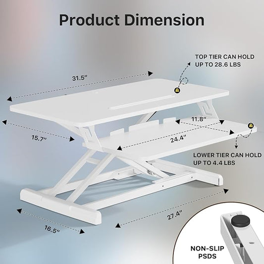 JOY worker Standing Desk Converter, 32" Wide Height Adjustable Sit Stand Up Desk Riser with Keyboard Tray, Desktop Workstation Riser for Home Office Computer Laptop, Particle Board, White