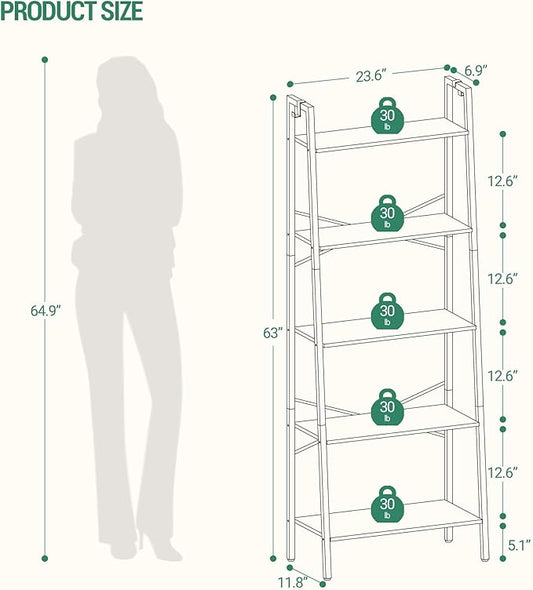Hzuaneri Ladder Shelf, Bookshelf Bookcase, Freestanding Corner Storage Shelve with 2 Hooks for Home Office, Living Room, Kitchen, Bedroom, Industrial, 11.8" D x 23.6" W x 63" H, Greige BC19305B