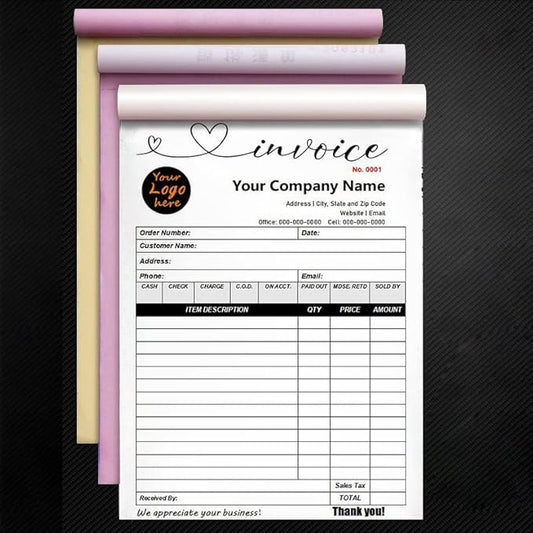 Custom Carbonless Sales Invoice Form Books for Small Business, Personalized NCR 3-Part Receipt Book with Carbon Copies, Cover Add Company Name, Address and Number Printed