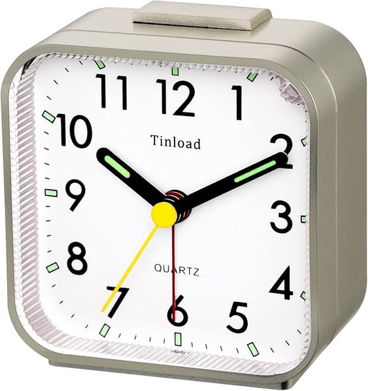 Tinload Small Battery Operated Analog Travel Alarm Clock Silent Non Ticking,Gentle Wake, Ascending Beep Sounds, Snooze,Lighted on Demand,Easy Set(Gold)
