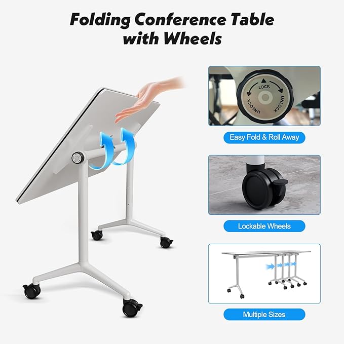 Goakwwuz Conference Room Table, Folding Conference Tables,Thicken Grey Tabletop,Flip Top Wooden Seminar Meeting Room Table for Conference Room Offices (10, White, 47.2“)