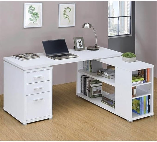 Pemberly Row L Shape Corner Storage Desk in White, Letter/Legal File, 5 Bookshelves
