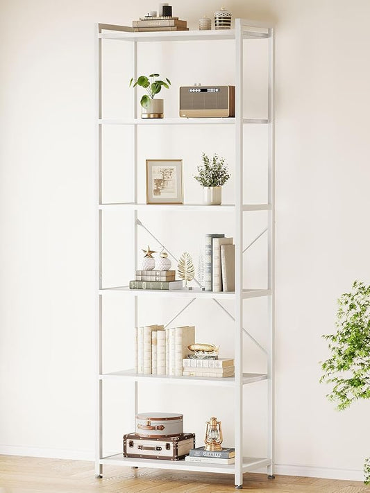 Casaottima Book Shelf, 6 Tier Tall Bookshelf, Modern Wood Bookcase Shelves for Bedroom, Industrial Display Shelf for Living Room Home Office Kitchen, Standing Shelving Unit Storage Organizer, White