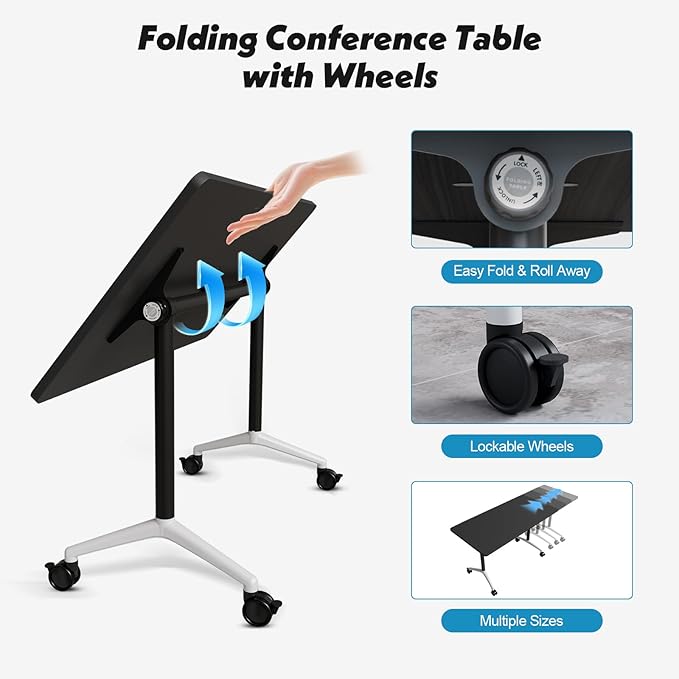 Goakwwuz Conference Room Table, Folding Conference Tables,Thicken Grey Tabletop,Flip Top Wooden Seminar Meeting Room Table for Conference Room Offices (4, Black, 70.8”)