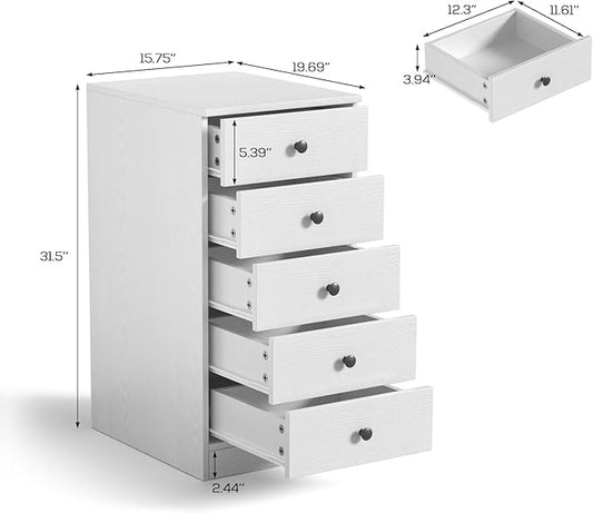 TUSY 5 Drawer File Cabinet - 31.5" H Wood Vertical Filings Chest Under Desk, Classic File Storage Cabinet for Home Office, Small Printer Stand with Drawers, 15.75" W x 19.69" D x 31.5" H, White