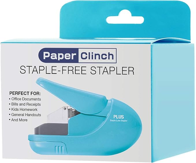 Plus Paper Clinch Compact Staple-Free Stapler — Blue Turquoise