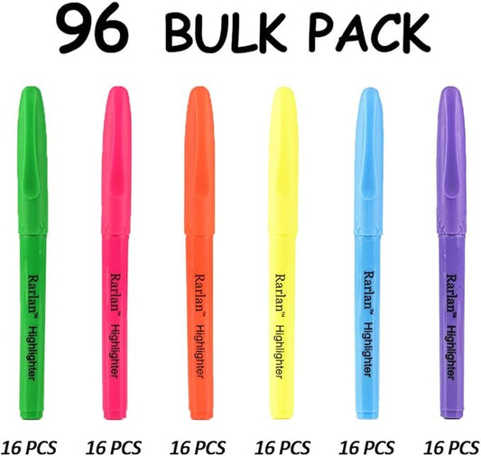 Rarlan Highlighters, Chisel Tip, Assorted Fluorescent, 96 Count Bulk Pack