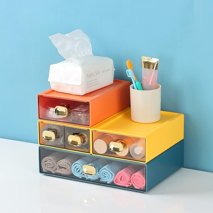 OSteed Spacious Desktop Storage Box, 1 Large 1 Middle & 2 Small Storage Drawers, Stackable Office Desk Drawer Organizer and Accessories, Printer Paper Organizer, Cyan Plastic Drawers for Workspace