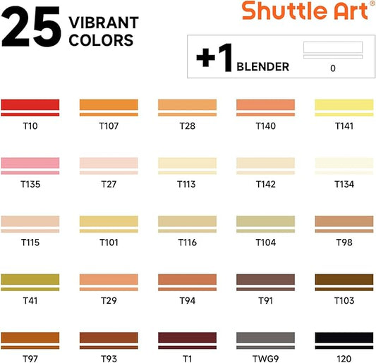 Shuttle Art 26 Colors Skin Tone&Hair Art Markers, Dual Tip Alcohol Based Flesh-Color Marker Pen Set Contains 1 Blender Perfect for Kids & Adults Portrait,Comic, Anime, Manga, Illustration