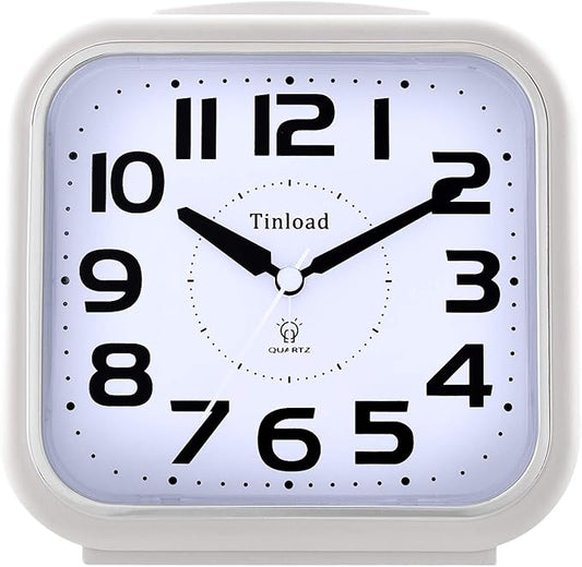 Tinload 5.5" Large Analog Alarm Clock Silent Non Ticking, Gentle Wake, Beep Sounds, Increasing Volume, Battery Operated Snooze and Manual Light, Easy Set,White (Best for Elder)