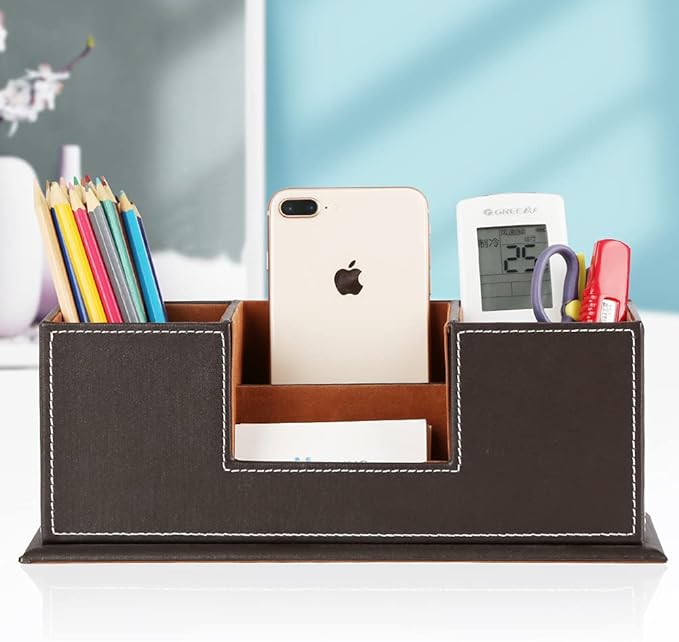 KINGFOM Wood + Leather Double-Holder Desk Organizer — Dark Brown