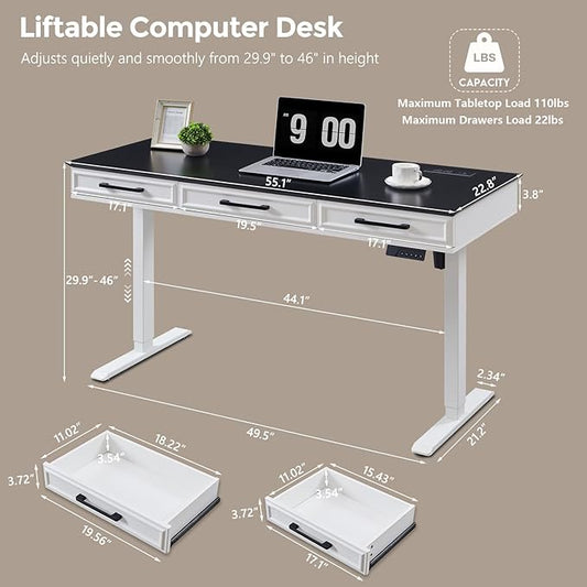 wow97e Electric Standing Desk with 3 Storage Drawers, 55x22 Inch Adjustable Height Office Computer Desk w/Power Outlets & One-Piece Desktop, Sit to Stand Up,Gaming Table for Home and Study, White