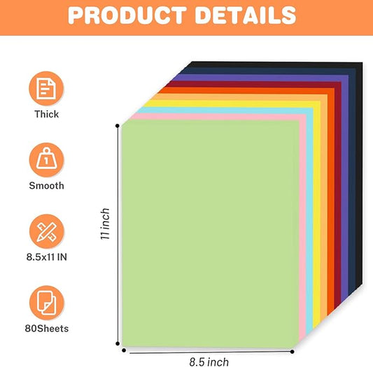 Cardstock 8.5 X 11, 80 Sheets 10 Colors Card Stock, 75lb/ 200gsm Copy Paper, Cardstock Printer Paper For Art, Drawing, Invitations, DIY Cards, Watercolor, Craft, Construction, School & Office Supplies