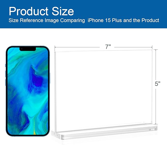 BlueValley Clear Acrylic Sign Holder 7x5 Inch - 12 Pack Double Sided Lucite Plastic Paper Display Stand for Brochure, Tabletop Sign, Document Picture Frame For Office Retail Catering Menu Show Fair Vendor Events